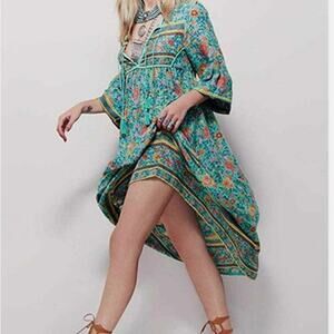 R. Vivimos Sz. S  Floral Bohemian Dress Blue Green Garden Cottage Boho